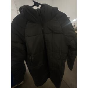 Men’s Long Hooded Winter Puffer Jacket Coat Zip Closure Pockets Black Size L